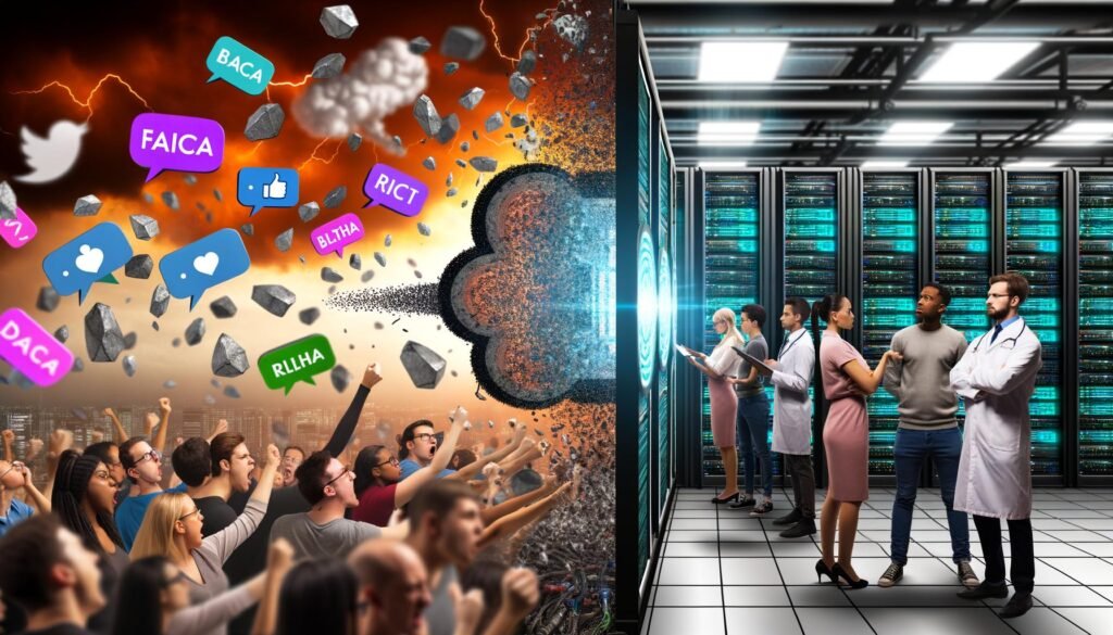 Illustration einer gespaltenen Szene: Links werfen wütende Social-Media-Nutzer digitale Steine auf das OpenAI-Logo, rechts arbeiten Tech-Experten konzentriert an Serverracks. Faktenblasen mit Begriffen wie Bias und Datenschutz werden zu strukturierten Daten.
