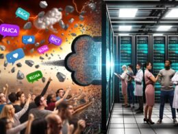 Illustration einer gespaltenen Szene: Links werfen wütende Social-Media-Nutzer digitale Steine auf das OpenAI-Logo, rechts arbeiten Tech-Experten konzentriert an Serverracks. Faktenblasen mit Begriffen wie Bias und Datenschutz werden zu strukturierten Daten.