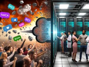 Illustration einer gespaltenen Szene: Links werfen wütende Social-Media-Nutzer digitale Steine auf das OpenAI-Logo, rechts arbeiten Tech-Experten konzentriert an Serverracks. Faktenblasen mit Begriffen wie Bias und Datenschutz werden zu strukturierten Daten.