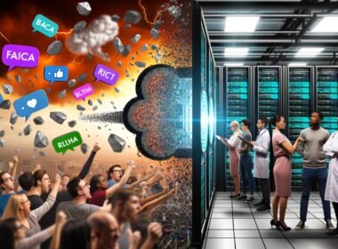Illustration einer gespaltenen Szene: Links werfen wütende Social-Media-Nutzer digitale Steine auf das OpenAI-Logo, rechts arbeiten Tech-Experten konzentriert an Serverracks. Faktenblasen mit Begriffen wie Bias und Datenschutz werden zu strukturierten Daten.