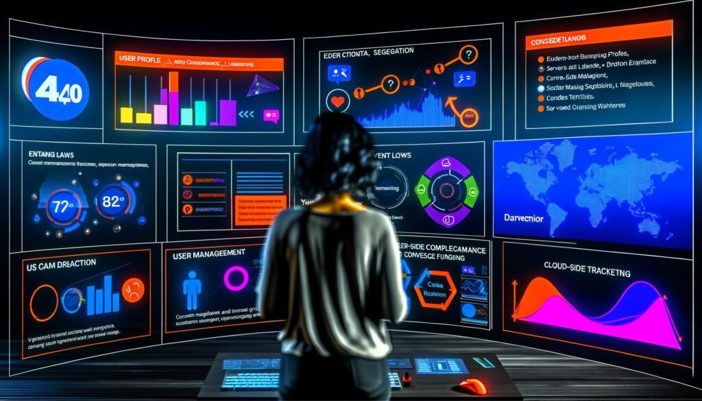 Marketerin betrachtet moderne Analytics-Dashboards mit Heatmaps und Conversion-Trichtern an einem futuristischen Arbeitsplatz; Symbole für DSGVO und Daten-Compliance im Hintergrund.