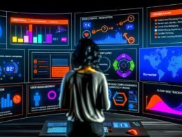 Marketerin betrachtet moderne Analytics-Dashboards mit Heatmaps und Conversion-Trichtern an einem futuristischen Arbeitsplatz; Symbole für DSGVO und Daten-Compliance im Hintergrund.