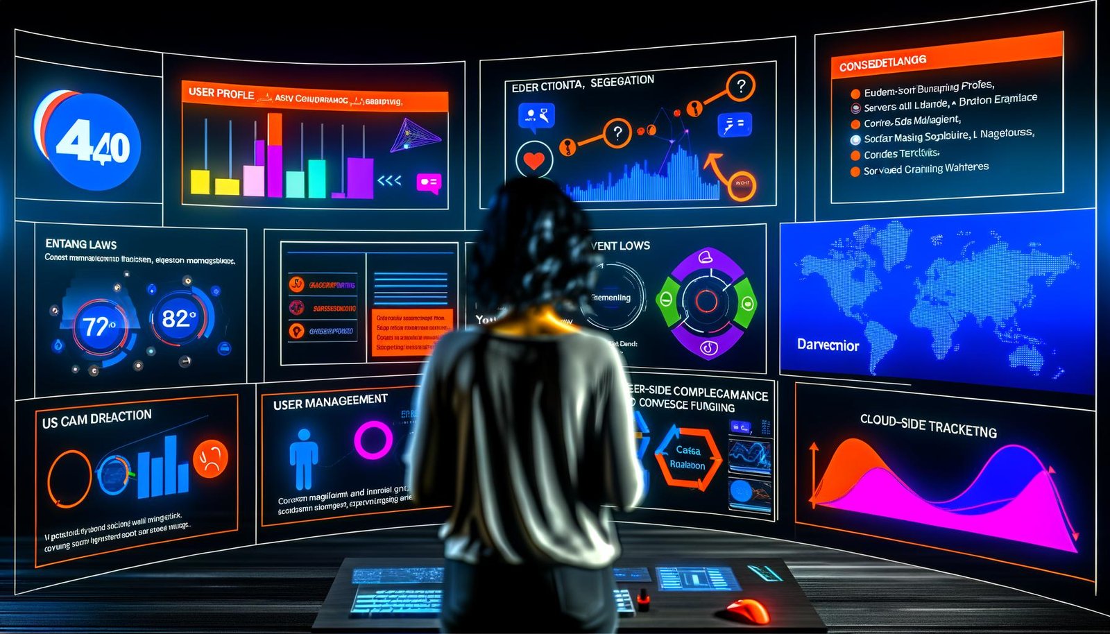 Marketerin betrachtet moderne Analytics-Dashboards mit Heatmaps und Conversion-Trichtern an einem futuristischen Arbeitsplatz; Symbole für DSGVO und Daten-Compliance im Hintergrund.