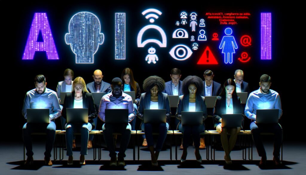 Gestresste Marketingprofis sitzen vor Laptops in einer dunklen Abteilung, während große KI-Buzzwords wie „ChatGPT“ und „OpenAI“ leuchten, Chatbots und Datenschutzsymbole im Hintergrund.