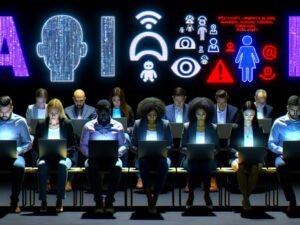 Gestresste Marketingprofis sitzen vor Laptops in einer dunklen Abteilung, während große KI-Buzzwords wie „ChatGPT“ und „OpenAI“ leuchten, Chatbots und Datenschutzsymbole im Hintergrund.