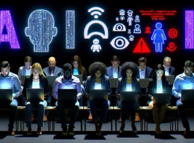 Gestresste Marketingprofis sitzen vor Laptops in einer dunklen Abteilung, während große KI-Buzzwords wie „ChatGPT“ und „OpenAI“ leuchten, Chatbots und Datenschutzsymbole im Hintergrund.