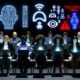 Gestresste Marketingprofis sitzen vor Laptops in einer dunklen Abteilung, während große KI-Buzzwords wie „ChatGPT“ und „OpenAI“ leuchten, Chatbots und Datenschutzsymbole im Hintergrund.