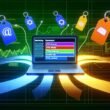 Grafische Darstellung eines Laptops mit Marketing-Dashboard und farbigen UTM-Tags, umgeben von Social Media Icons, E-Mail, Werbebannern und Datenlinien, die zu einer Analyse-Grafik führen.