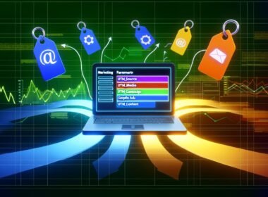 Grafische Darstellung eines Laptops mit Marketing-Dashboard und farbigen UTM-Tags, umgeben von Social Media Icons, E-Mail, Werbebannern und Datenlinien, die zu einer Analyse-Grafik führen.