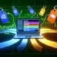 Grafische Darstellung eines Laptops mit Marketing-Dashboard und farbigen UTM-Tags, umgeben von Social Media Icons, E-Mail, Werbebannern und Datenlinien, die zu einer Analyse-Grafik führen.