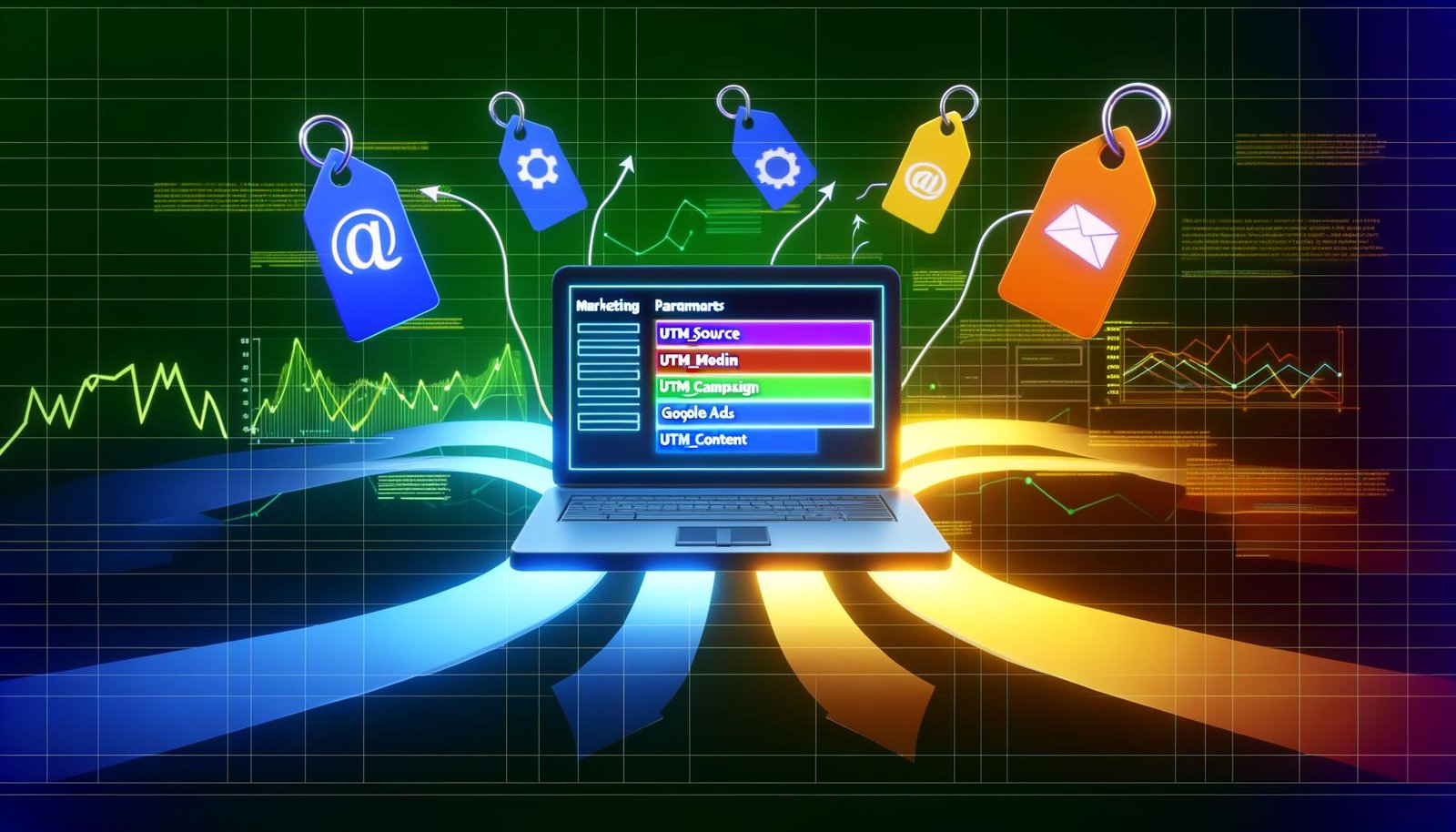 Grafische Darstellung eines Laptops mit Marketing-Dashboard und farbigen UTM-Tags, umgeben von Social Media Icons, E-Mail, Werbebannern und Datenlinien, die zu einer Analyse-Grafik führen.