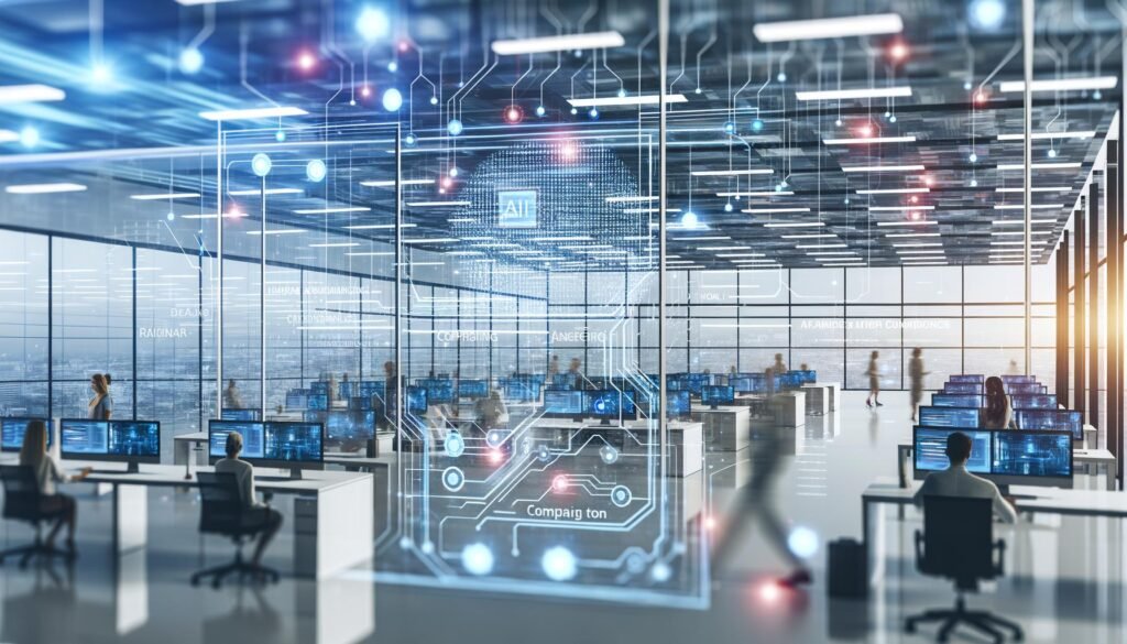 Futuristisches, offenes Marketingbüro voller leuchtender Datenströme, schwimmender Dashboards und Marketer, die mit KI-Interfaces und digitalen Datenwänden arbeiten.