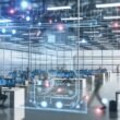 Futuristisches, offenes Marketingbüro voller leuchtender Datenströme, schwimmender Dashboards und Marketer, die mit KI-Interfaces und digitalen Datenwänden arbeiten.