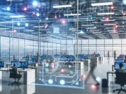 Futuristisches, offenes Marketingbüro voller leuchtender Datenströme, schwimmender Dashboards und Marketer, die mit KI-Interfaces und digitalen Datenwänden arbeiten.
