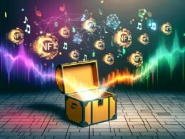 Goldene Audiowelle aus einer Schatztruhe mit schwebenden NFT-, Blockchain- und Dateisymbolen vor digitalem Audio-Spektrogramm.