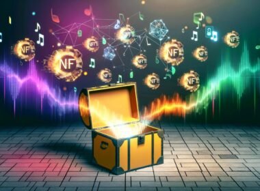 Goldene Audiowelle aus einer Schatztruhe mit schwebenden NFT-, Blockchain- und Dateisymbolen vor digitalem Audio-Spektrogramm.