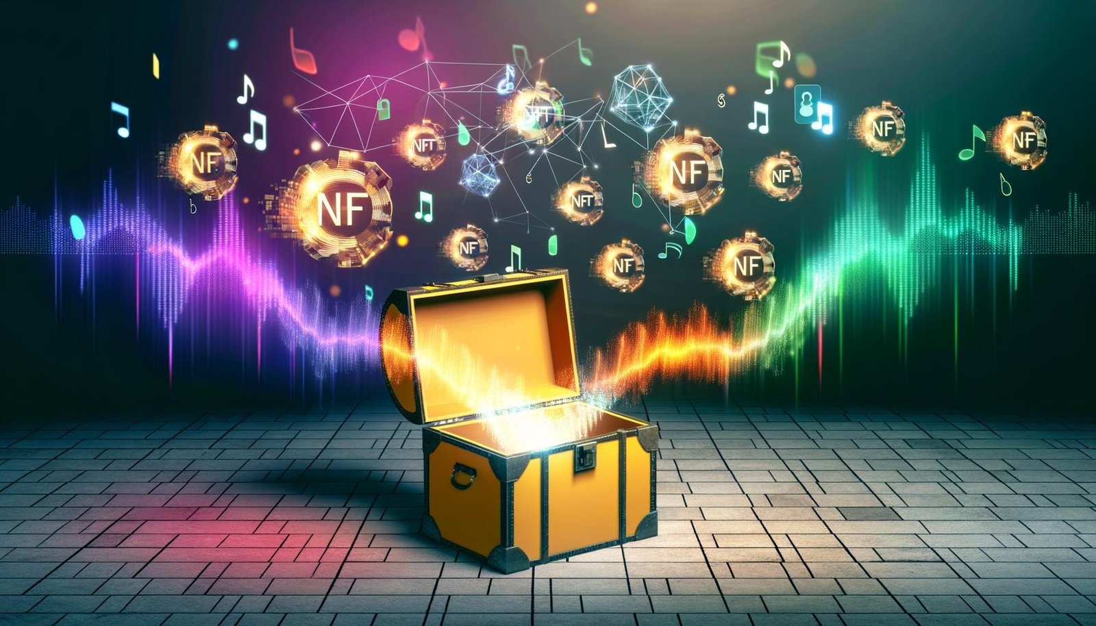 Goldene Audiowelle aus einer Schatztruhe mit schwebenden NFT-, Blockchain- und Dateisymbolen vor digitalem Audio-Spektrogramm.