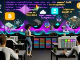 Futuristisches Büro mit Marketer, NFT-Audiowellen, Blockchain-Ledger, holografischen Social-Media-Kanälen, Designern, Techniker am Server und Anwalt für Copyright und Compliance.