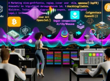 Futuristisches Büro mit Marketer, NFT-Audiowellen, Blockchain-Ledger, holografischen Social-Media-Kanälen, Designern, Techniker am Server und Anwalt für Copyright und Compliance.