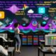 Futuristisches Büro mit Marketer, NFT-Audiowellen, Blockchain-Ledger, holografischen Social-Media-Kanälen, Designern, Techniker am Server und Anwalt für Copyright und Compliance.