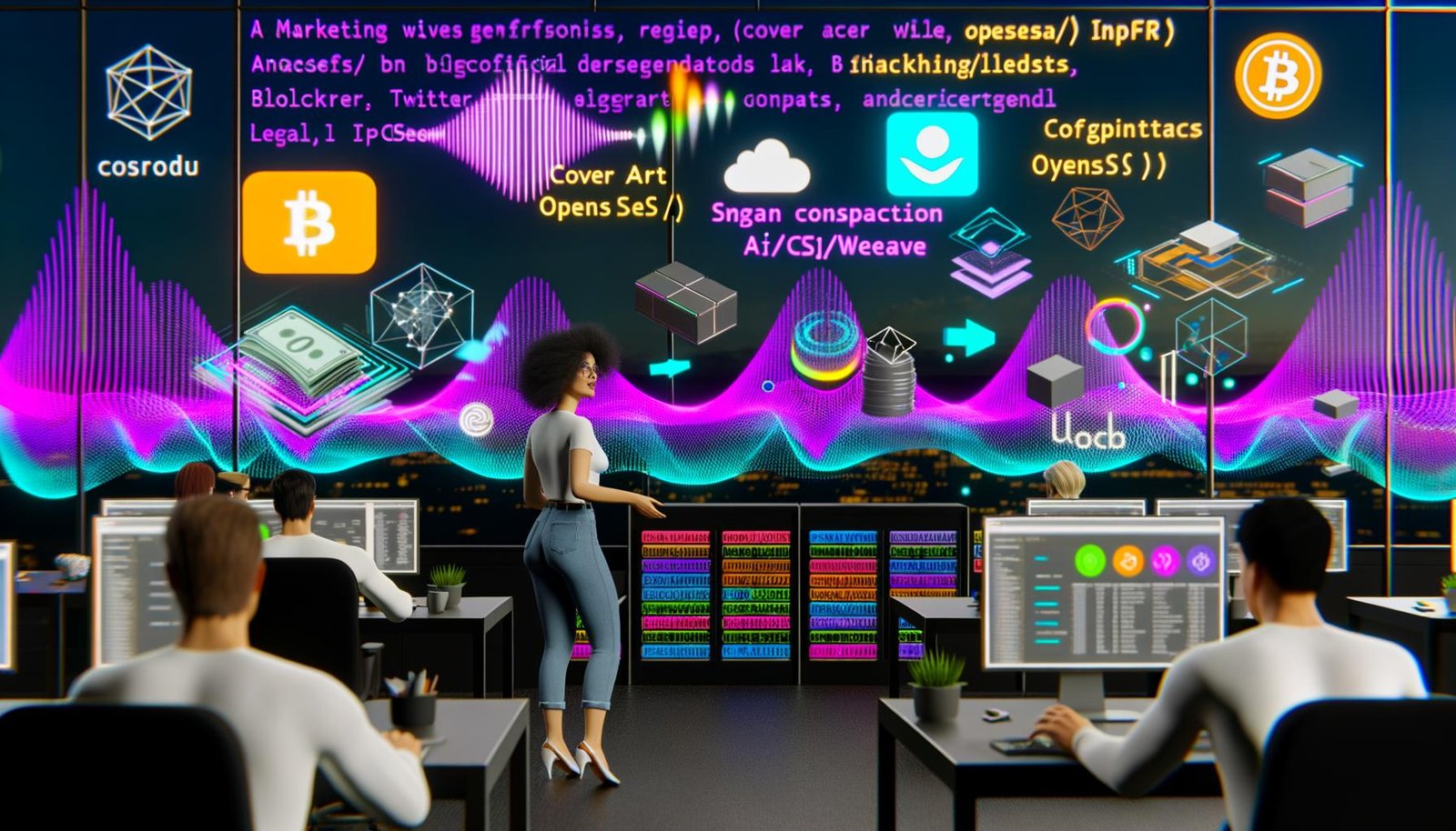 Futuristisches Büro mit Marketer, NFT-Audiowellen, Blockchain-Ledger, holografischen Social-Media-Kanälen, Designern, Techniker am Server und Anwalt für Copyright und Compliance.