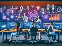 Dynamische Podcast-Produktion im futuristischen Studio mit diversen Teammitgliedern, modernen Computern, großen Displays voller Datenanalysen, Audible-Logos, Mikrofonen und Fintech-Symbolen.
