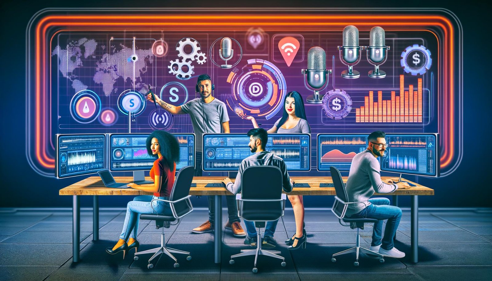 Dynamische Podcast-Produktion im futuristischen Studio mit diversen Teammitgliedern, modernen Computern, großen Displays voller Datenanalysen, Audible-Logos, Mikrofonen und Fintech-Symbolen.
