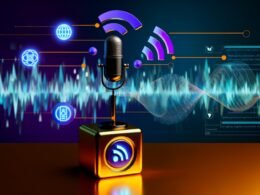 Dynamisch-moderne Titelgrafik von 404 Magazine: Mikrofon auf Goldbarren mit RSS-Feed-Symbolen, Audio-Wellen, Diagrammen und Audible-Logos, High-Tech- und futuristische Studio-Optik