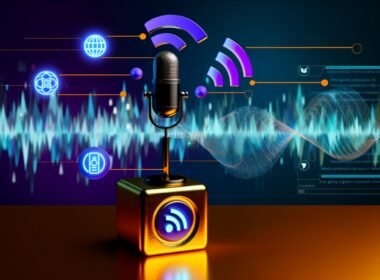 Dynamisch-moderne Titelgrafik von 404 Magazine: Mikrofon auf Goldbarren mit RSS-Feed-Symbolen, Audio-Wellen, Diagrammen und Audible-Logos, High-Tech- und futuristische Studio-Optik