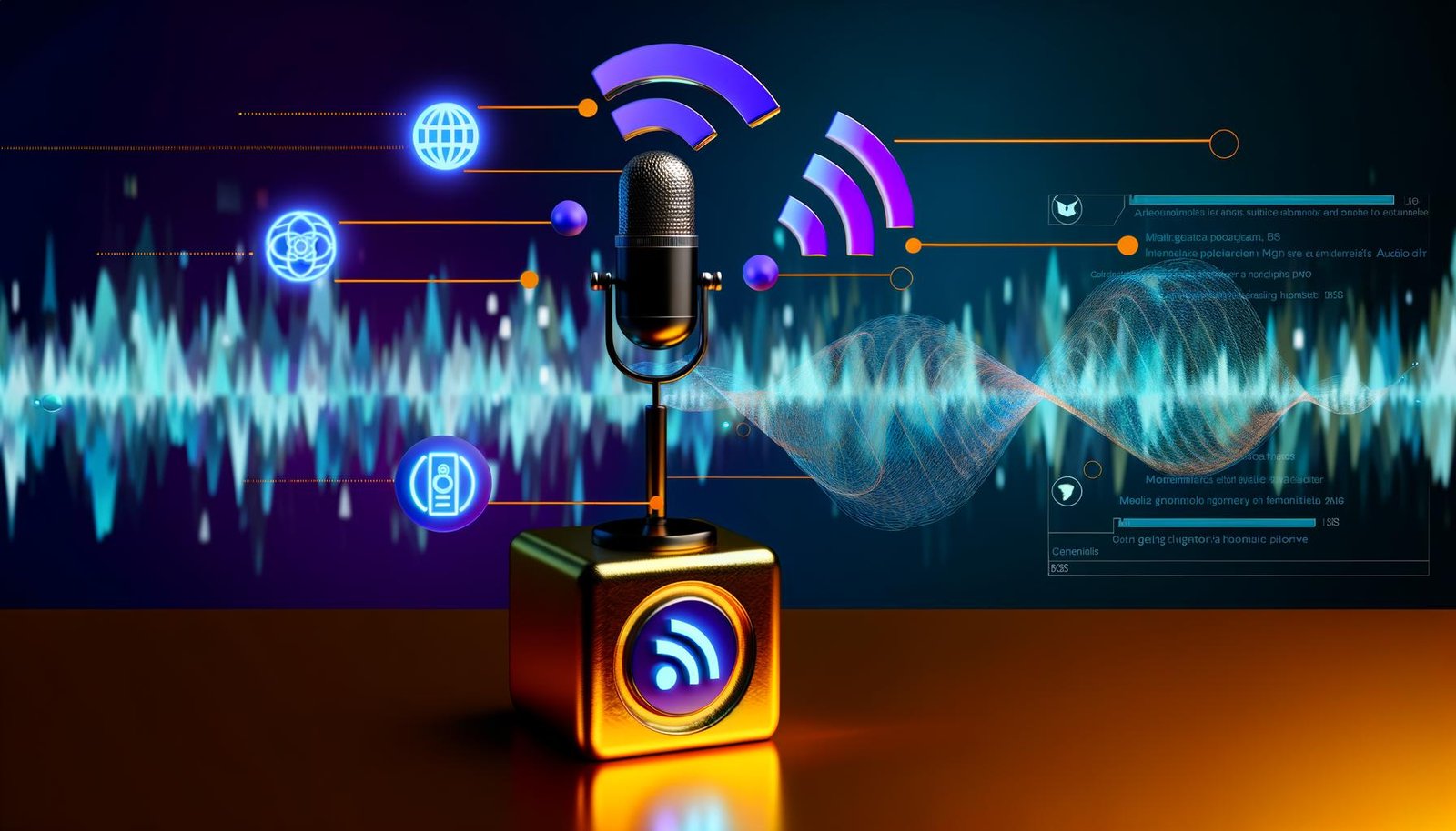 Dynamisch-moderne Titelgrafik von 404 Magazine: Mikrofon auf Goldbarren mit RSS-Feed-Symbolen, Audio-Wellen, Diagrammen und Audible-Logos, High-Tech- und futuristische Studio-Optik