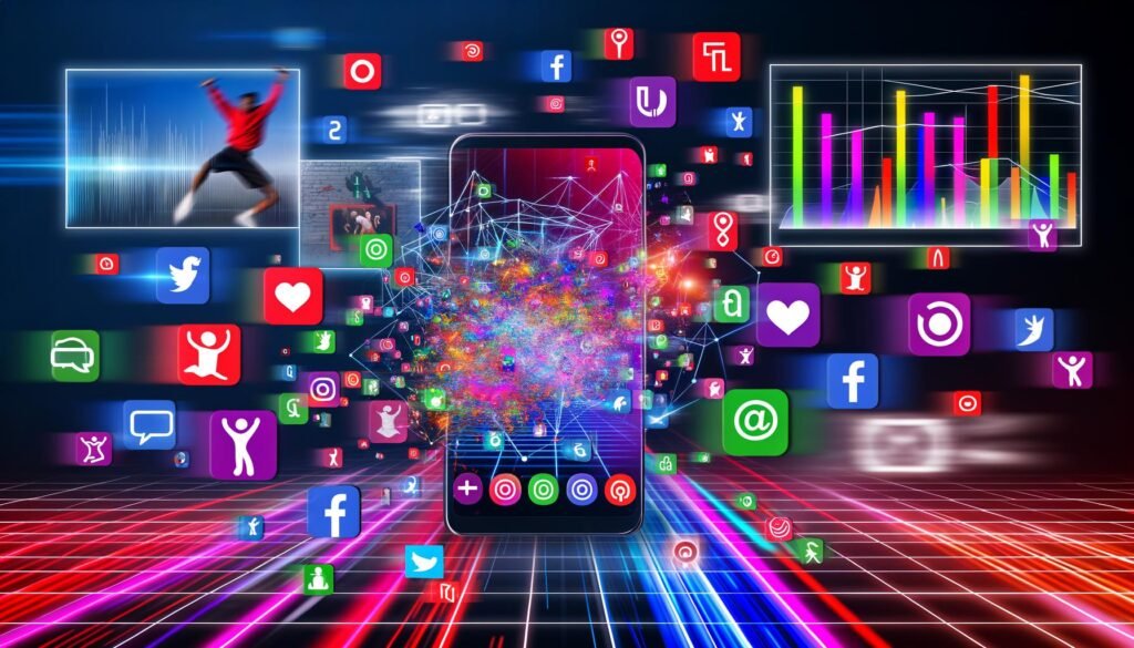 Collage aus Social Media Apps auf Smartphones, KI-Elementen, explodierenden Hashtags und Datenströmen im modernen Magazinlook