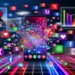 Collage aus Social Media Apps auf Smartphones, KI-Elementen, explodierenden Hashtags und Datenströmen im modernen Magazinlook