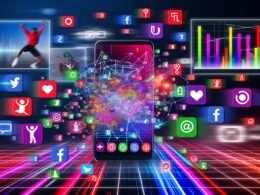 Collage aus Social Media Apps auf Smartphones, KI-Elementen, explodierenden Hashtags und Datenströmen im modernen Magazinlook
