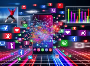 Collage aus Social Media Apps auf Smartphones, KI-Elementen, explodierenden Hashtags und Datenströmen im modernen Magazinlook
