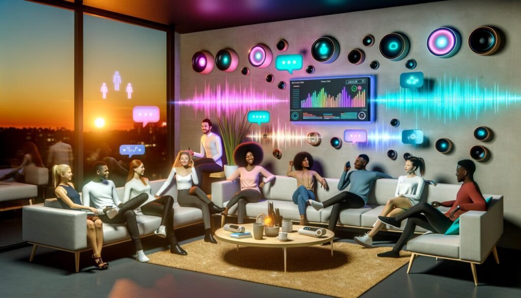 Futuristisches Wohnzimmer mit jungen Menschen, modernen Smart Speakern, leuchtenden Klangwellen, holografischen Steuerungen und einem Analyse-Dashboard auf dem Bildschirm im Hintergrund.