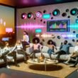 Futuristisches Wohnzimmer mit jungen Menschen, modernen Smart Speakern, leuchtenden Klangwellen, holografischen Steuerungen und einem Analyse-Dashboard auf dem Bildschirm im Hintergrund.