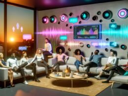Futuristisches Wohnzimmer mit jungen Menschen, modernen Smart Speakern, leuchtenden Klangwellen, holografischen Steuerungen und einem Analyse-Dashboard auf dem Bildschirm im Hintergrund.