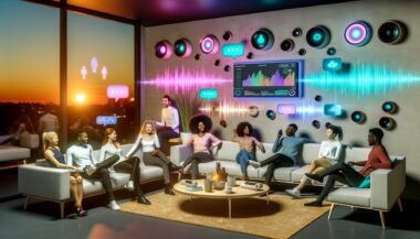 Futuristisches Wohnzimmer mit jungen Menschen, modernen Smart Speakern, leuchtenden Klangwellen, holografischen Steuerungen und einem Analyse-Dashboard auf dem Bildschirm im Hintergrund.