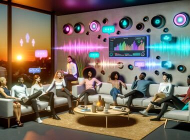 Futuristisches Wohnzimmer mit jungen Menschen, modernen Smart Speakern, leuchtenden Klangwellen, holografischen Steuerungen und einem Analyse-Dashboard auf dem Bildschirm im Hintergrund.