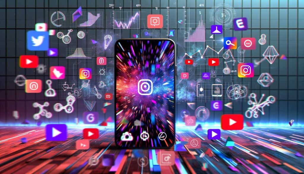 Dynamische Collage moderner Smartphone-Screens mit Shortform Content von TikTok, Instagram Reels, YouTube Shorts und Snapchat Spotlight, technischen Symbolen wie Algorithmen und KI-Logos sowie Datenvisualisierungen im Hintergrund.