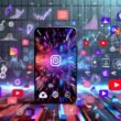 Dynamische Collage moderner Smartphone-Screens mit Shortform Content von TikTok, Instagram Reels, YouTube Shorts und Snapchat Spotlight, technischen Symbolen wie Algorithmen und KI-Logos sowie Datenvisualisierungen im Hintergrund.