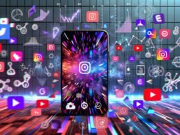 Dynamische Collage moderner Smartphone-Screens mit Shortform Content von TikTok, Instagram Reels, YouTube Shorts und Snapchat Spotlight, technischen Symbolen wie Algorithmen und KI-Logos sowie Datenvisualisierungen im Hintergrund.