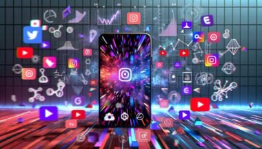 Dynamische Collage moderner Smartphone-Screens mit Shortform Content von TikTok, Instagram Reels, YouTube Shorts und Snapchat Spotlight, technischen Symbolen wie Algorithmen und KI-Logos sowie Datenvisualisierungen im Hintergrund.