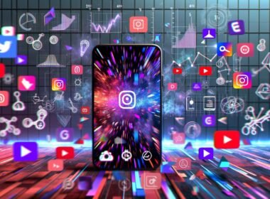 Dynamische Collage moderner Smartphone-Screens mit Shortform Content von TikTok, Instagram Reels, YouTube Shorts und Snapchat Spotlight, technischen Symbolen wie Algorithmen und KI-Logos sowie Datenvisualisierungen im Hintergrund.