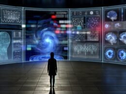 Futuristischer Kontrollraum mit holografischen KI-Interfaces, Mensch im Zentrum und Schatten im Hintergrund