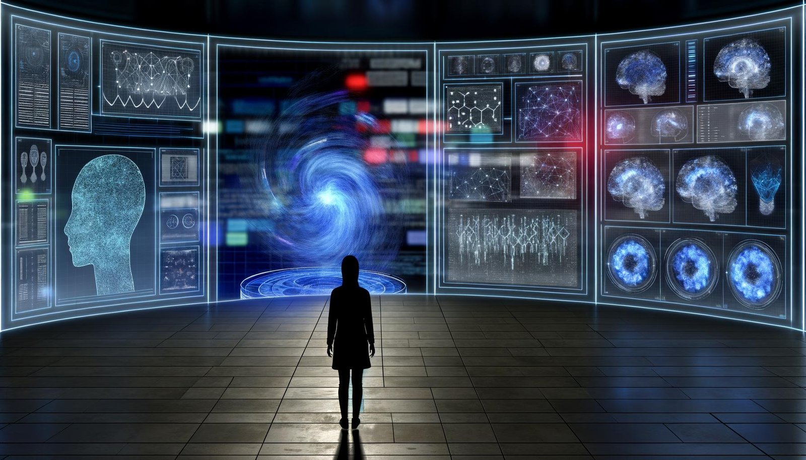 Futuristischer Kontrollraum mit holografischen KI-Interfaces, Mensch im Zentrum und Schatten im Hintergrund