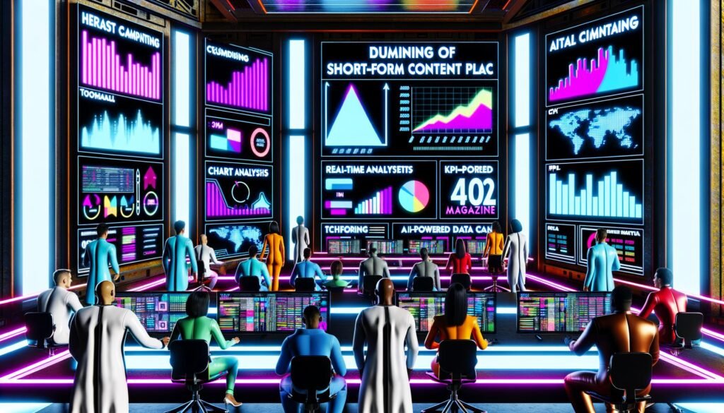 Team von Marketing-Profis analysiert im futuristischen Newsroom in Echtzeit Analytics und KI-gesteuerte Diagramme zu TikTok, Instagram Reels und YouTube Shorts