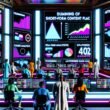 Team von Marketing-Profis analysiert im futuristischen Newsroom in Echtzeit Analytics und KI-gesteuerte Diagramme zu TikTok, Instagram Reels und YouTube Shorts