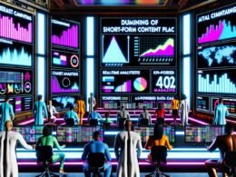 Team von Marketing-Profis analysiert im futuristischen Newsroom in Echtzeit Analytics und KI-gesteuerte Diagramme zu TikTok, Instagram Reels und YouTube Shorts