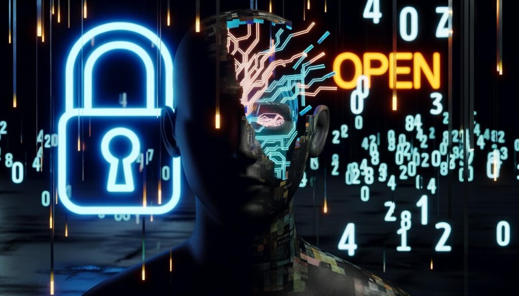 Dystopisches Porträt eines mit leuchtenden Kabeln und digitalen Codes durchzogenen menschlichen Kopfes im Halbschatten, unscharfe Logos großer Tech-Konzerne und ein verriegeltes 'OPEN'-Schild im Hintergrund.